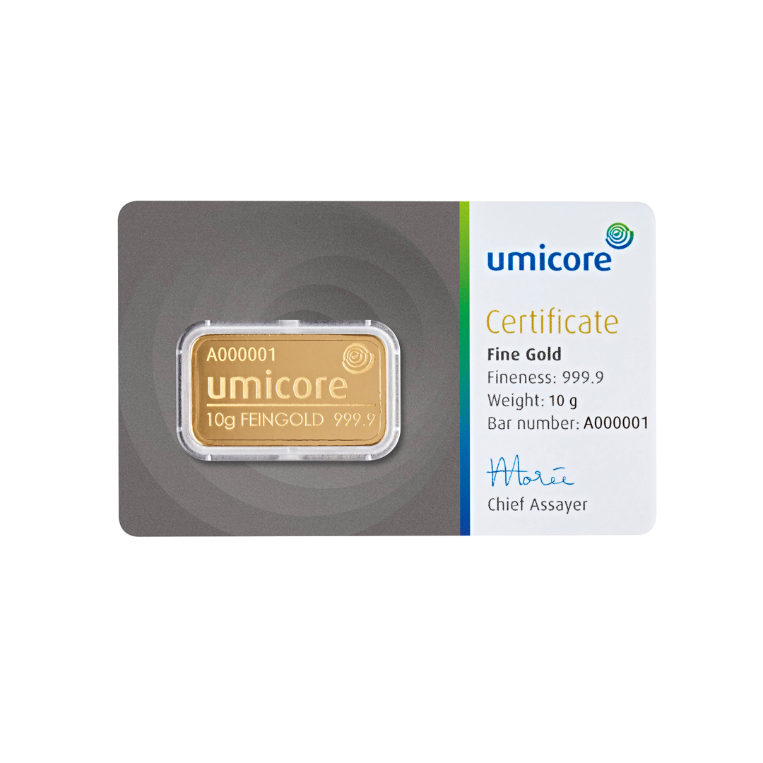 Umicore 10 gram goudbaar verpakt